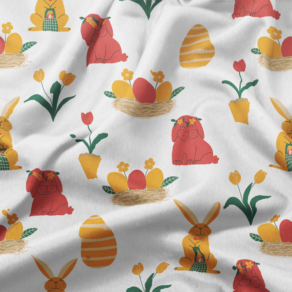 detal tkaniny z bliska pokazujący wzór pisanek, tulipanów i sympatycznych zajączków