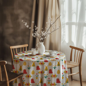 aranżacja stołu z wazonem i porcelaną na obrusie w wiosenny, świąteczny wzór