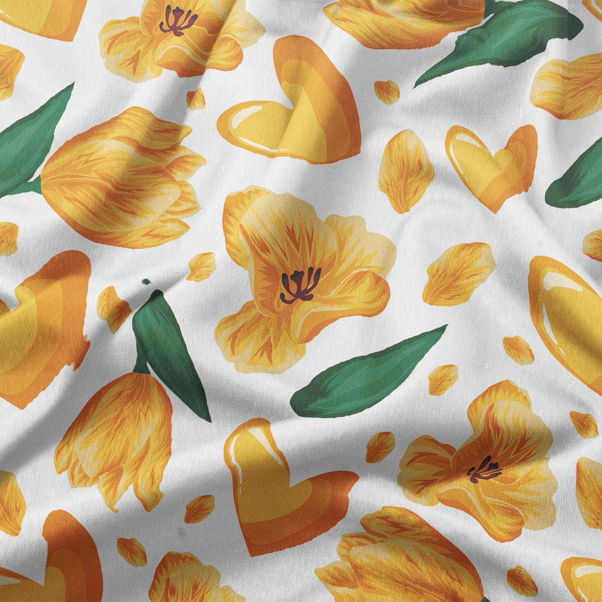 Zbliżenie na wzór z żółtymi tulipanami, sercami i zielonymi liśćmi ukazujące fakturę tkaniny