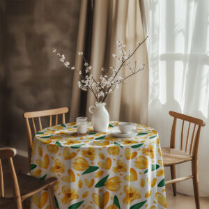 Aranżacja stołu z wazonem i porcelaną na obrusie w wiosenne żółte tulipany i serca