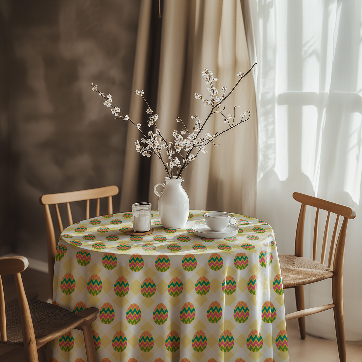 Aranżacja stołu z obrusem, biały wazon z gałązkami i filiżanka w przytulnym wnętrzu