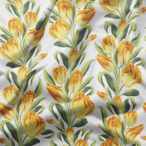 zbliżenie na fakturę tkaniny i nadruk żółtych tulipanów, widoczne pofałdowania materiału