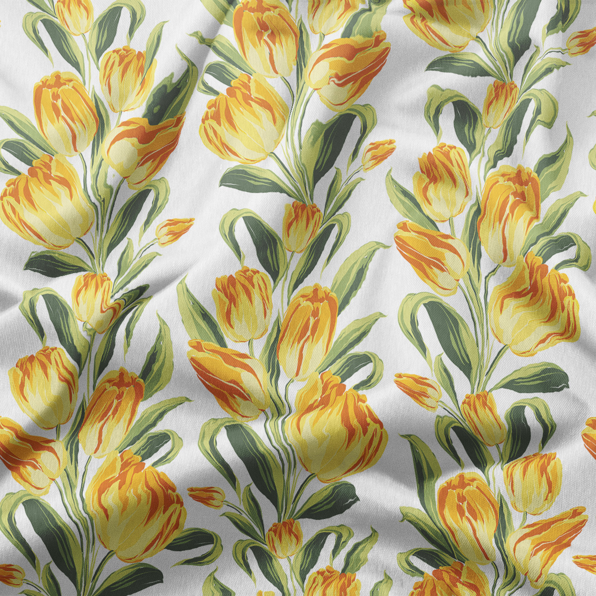 zbliżenie na fakturę tkaniny i nadruk żółtych tulipanów, widoczne pofałdowania materiału