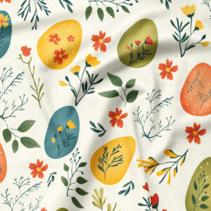 Zbliżenie wzoru z pisanek i drobnych gałązek na tkaninie, widoczna faktura materiału i kolory