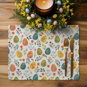 Aranżacja stołu z podkładką, świecą i wiosenną dekoracją z jajkami, stylizacja świąteczna