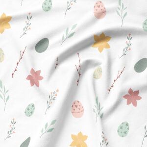 Zbliżenie na delikatny wzór z pastelowymi pisankami, kwiatami i listkami na jasnym tle