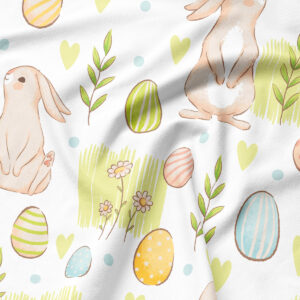 Zbliżenie wzoru pokazujące króliczka, pisanki, serduszka i drobne kwiaty na pastelowym tle