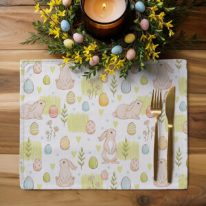 Stylizowane ujęcie z wiankiem i świecą ustawionymi na podkładce, aranżacja wielkanocna