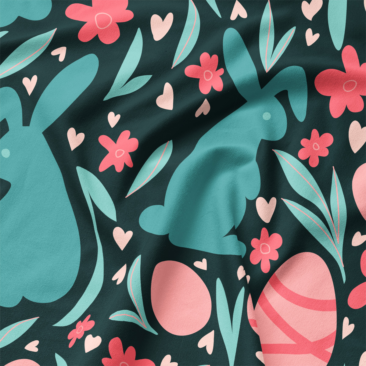 Zbliżenie na tkaninę podkładki z detalami zajączków, pisanek i kwiatów