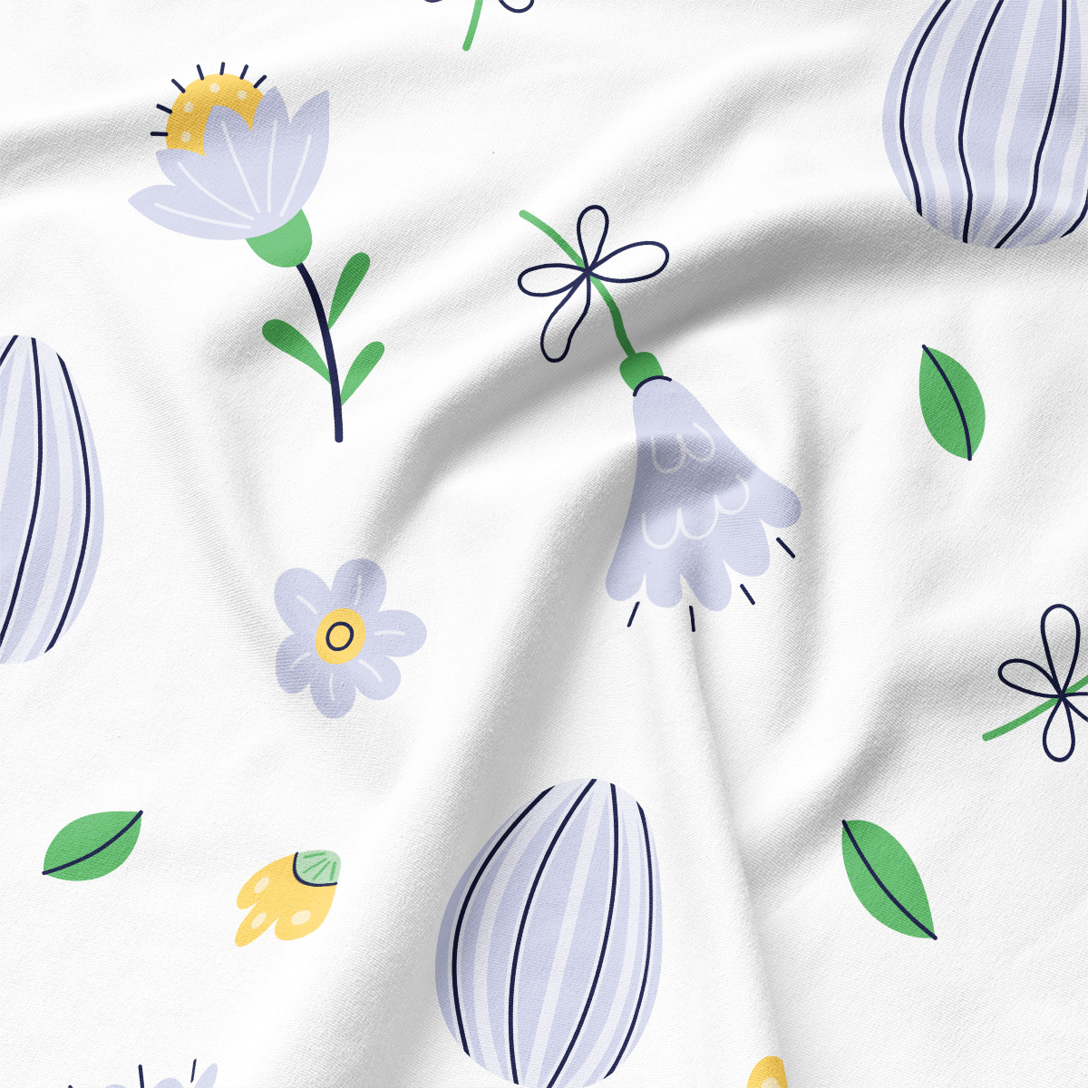 Zbliżenie na tkaninę z delikatnymi fioletowymi dzwonkowatymi kwiatami, pąkami i zielonymi listkami