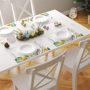 aranżacja stołu z kilkoma podkładkami z akwarelowym kwiatowym brzegiem i wielkanocnymi dekoracjami