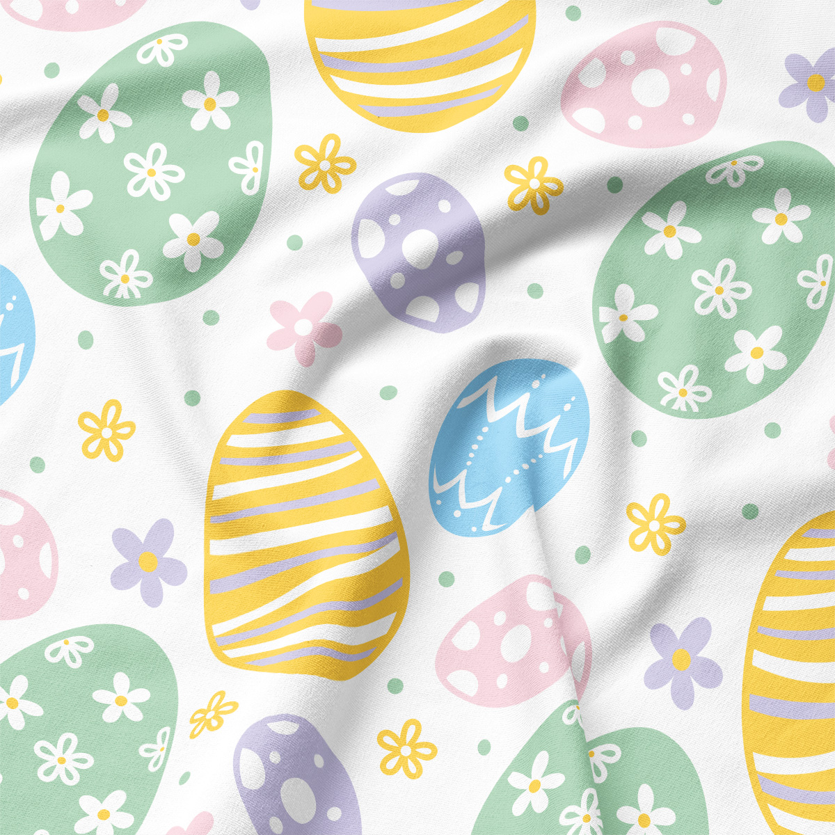 Zbliżenie na detal wzoru z kolorowymi pisankami, kropeczkami i małymi kwiatkami