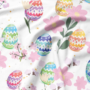 Zbliżenie detalu wzoru z kolorowymi pisankami i kwiatowymi motywami