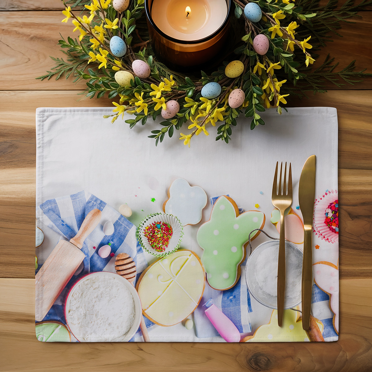 Podkładka ustawiona na drewnianym stole z wiosennym wieńcem i zapaloną świecą