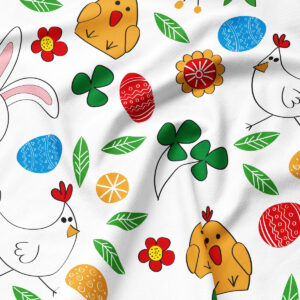 Zbliżenie na kolorowe detale wzoru: pisanki, koniczynki, kwiaty i pisklęta