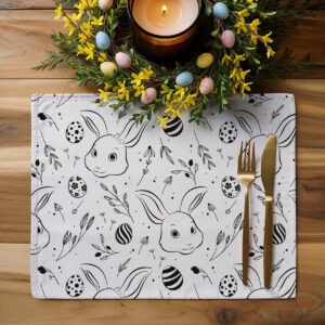 Podkładka aranżowana na drewnianym stole z wielkanocną dekoracją z jajkami i świecą