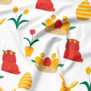 Zbliżenie na wzór: radosne zajączki, pisanki w gnieździe i tulipany na delikatnej fakturze tkaniny