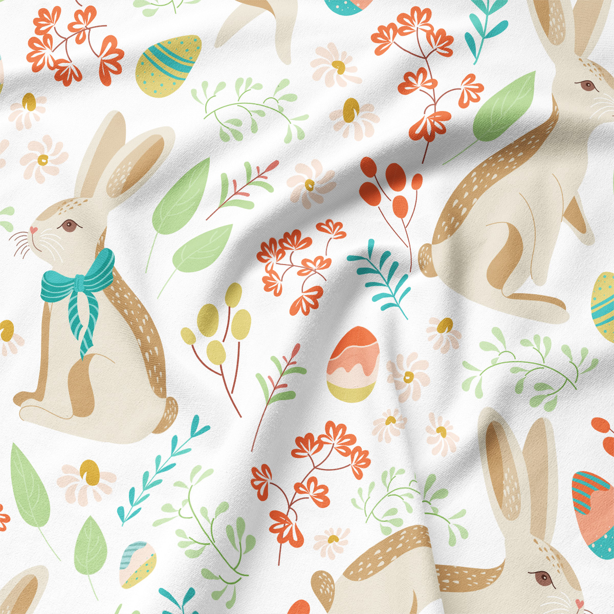 Zbliżenie na wzór podkładki pokazujące zajączka w kokardzie, malowane pisanki i drobne kwiaty w pastelowych barwach