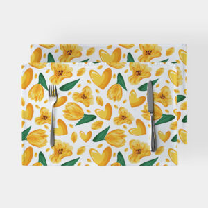 Zestaw dwóch podkładek z wzorem żółtych tulipanów i serduszek na białym tle