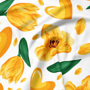 Zbliżenie na szczegóły nadruku z żółtym tulipanem i zielonym liściem