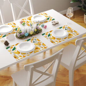 Aranżacja stołu z kilkoma podkładkami tworzącymi wiosenną zastawę