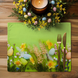 Widok z góry podkładki na drewnianym stole ozdobionej wiankiem i zapaloną świecą