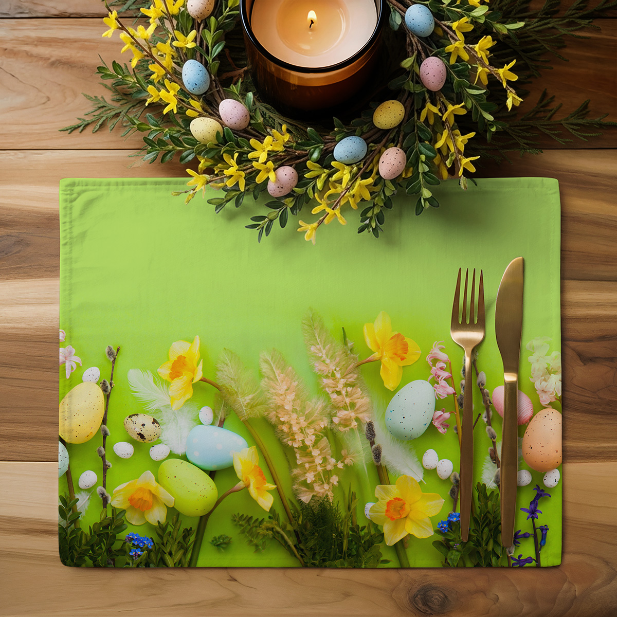 Widok z góry podkładki na drewnianym stole ozdobionej wiankiem i zapaloną świecą