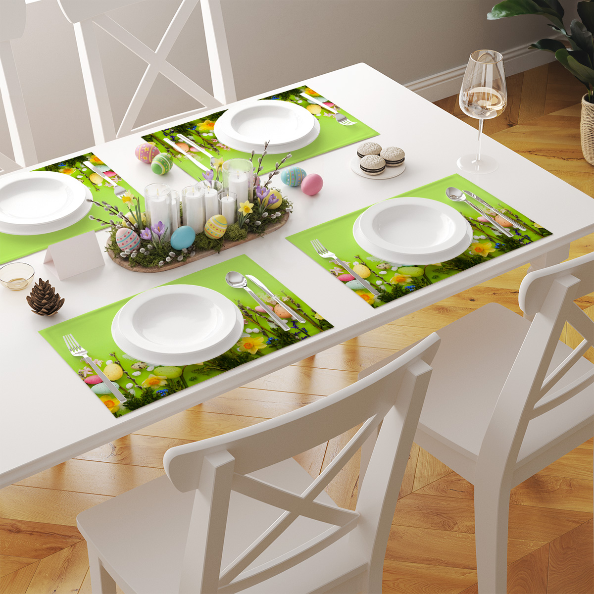 Aranżacja stołu z kilkoma podkładkami w wiosennym stylu ustawionymi przy nakryciach