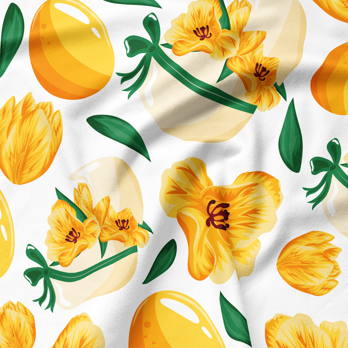 Zbliżenie na tkaninę z rysunkiem żółtych kwiatów, pisanek i zielonych listków z widoczną fakturą materiału