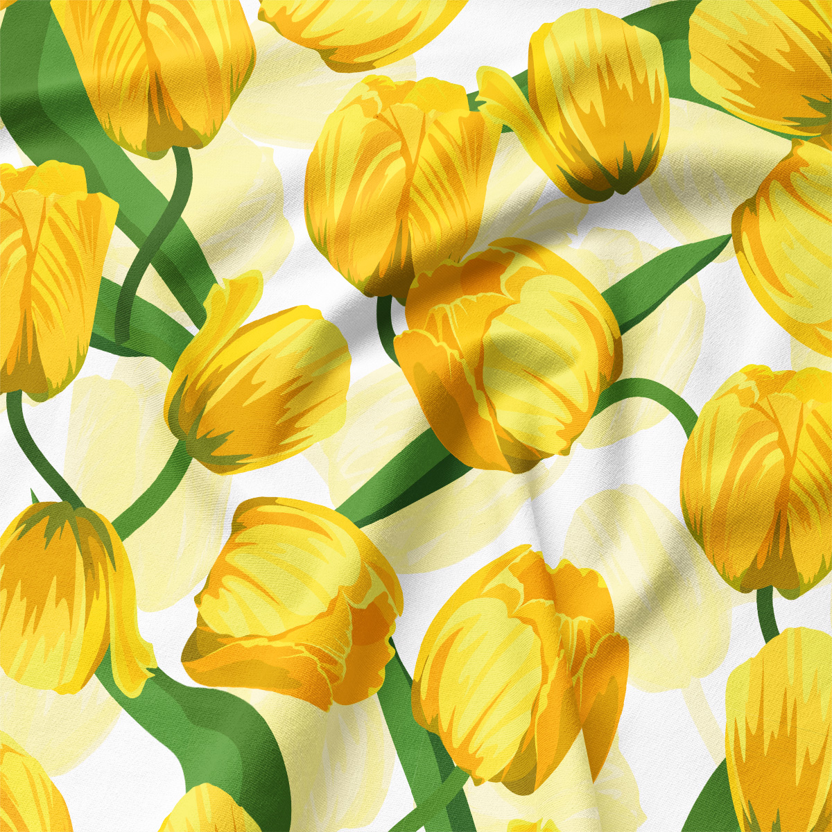 Zbliżenie na wzór pokazujące malarskie pociągnięcia i fakturę tkaniny z żółtymi tulipanami