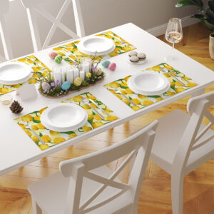 Stół nakryty kilkoma podkładkami z żółtymi tulipanami w jasnej jadalni, widok ogólny