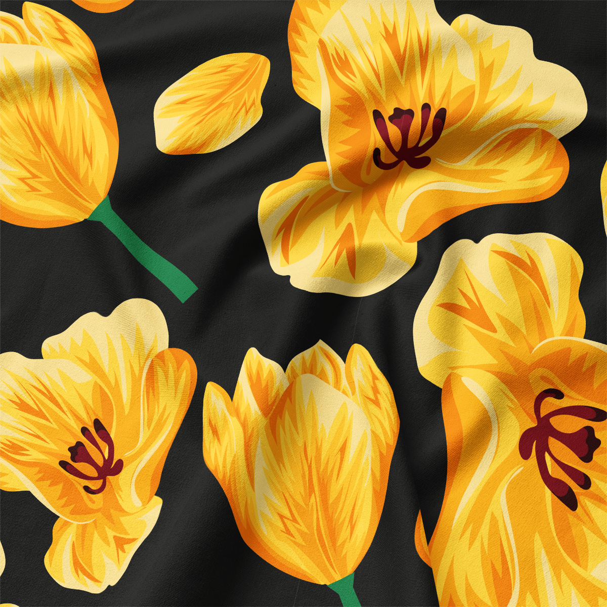 Zbliżenie na tkaninę z detalami żółtych tulipanów i fakturą materiału