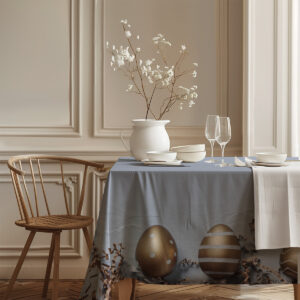 róg stołu z widocznym brzegiem obrusu i dekoracyjnymi pisankami przy krawędzi