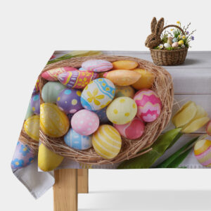 obrus na stole z dużym nadrukiem koszyka pełnego kolorowych pisanek i żółtych tulipanów