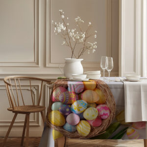 aranżacja stołu z zastawą, kieliszkami i widocznym fragmentem obrusa z pisankami