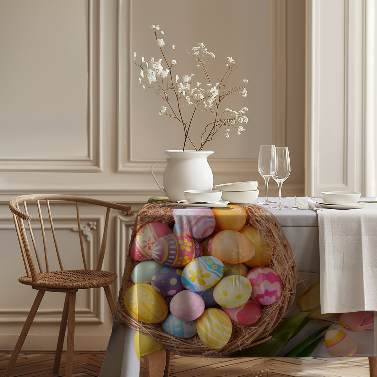 aranżacja stołu z zastawą, kieliszkami i widocznym fragmentem obrusa z pisankami