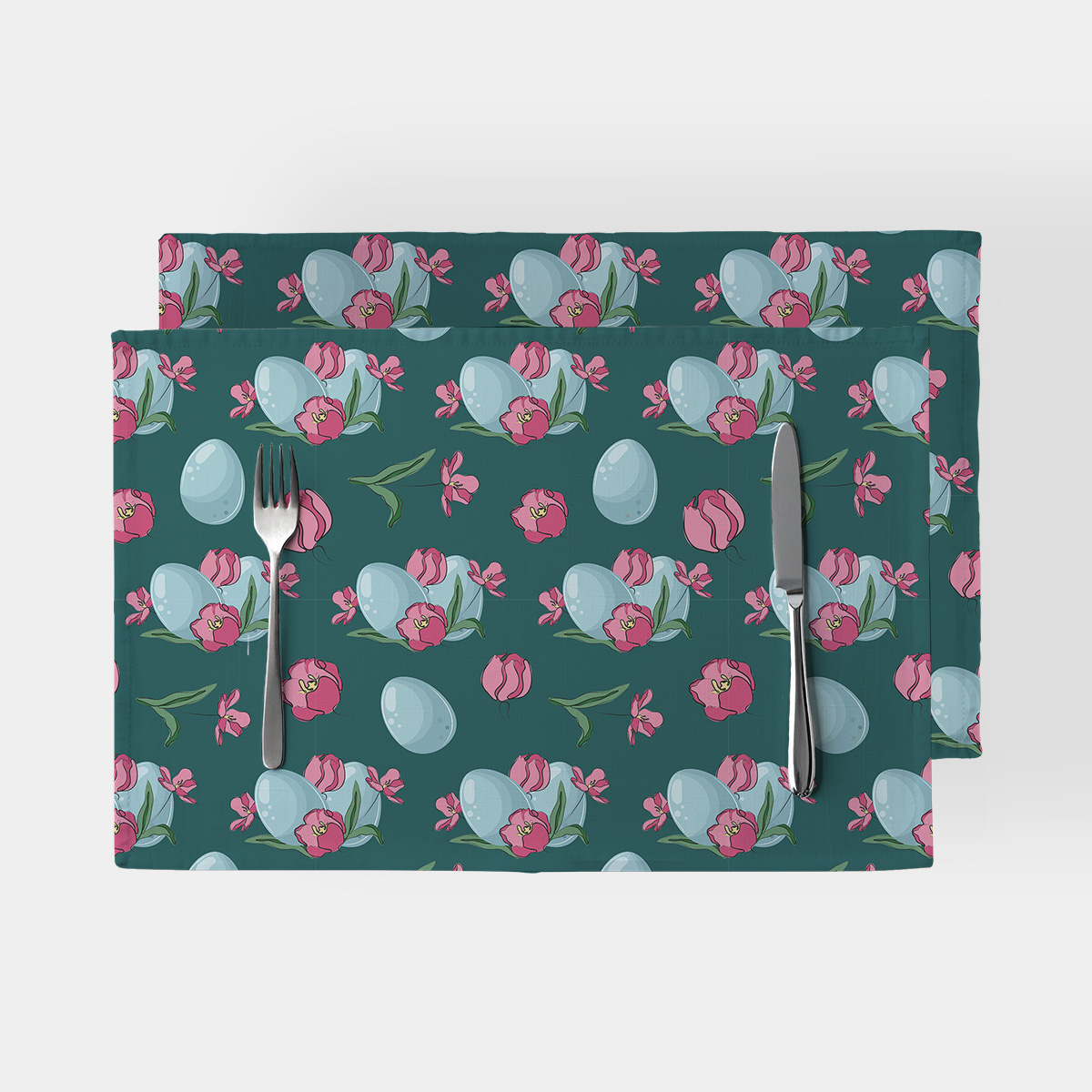 Podkładka na stole z widocznym wzorem tulipanów i pastelowych pisanek, zdjęcie główne produktu.