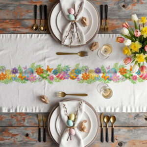 Aranżacja stołu z bieżnikiem, zastawą i wiosennymi dekoracjami pokazująca wzór girlandy wzdłuż stołu
