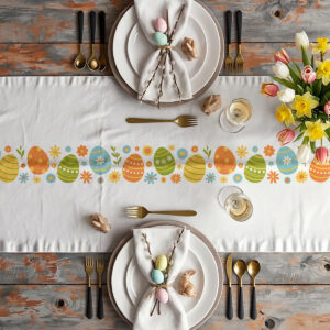Aranżacja stołu z bieżnikiem, talerzami i wiosennym bukietem tulipanów