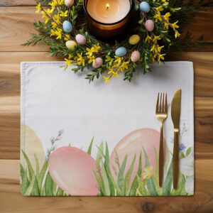 aranżacja stołu z świecami i wiosennym wieńcem oraz podkładką z pastelowymi pisankami