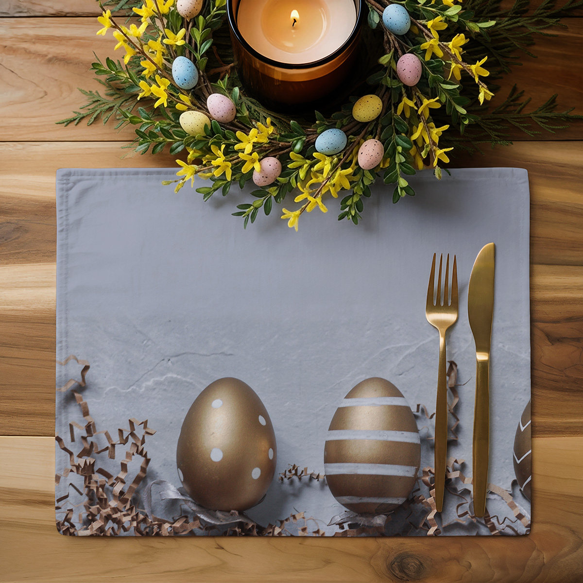 Aranżacja stołu z podkładką, świecą i wiosennym wiencem z drobnymi jajkami
