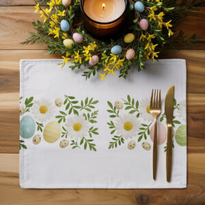aranżacja stołu z podkładką i wielkanocnym stroikiem z jajkami i świecami