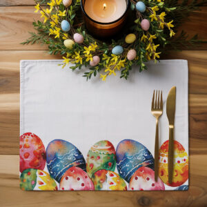 aranżacja stołu z podkładką, wiosenny wieniec i złote sztućce