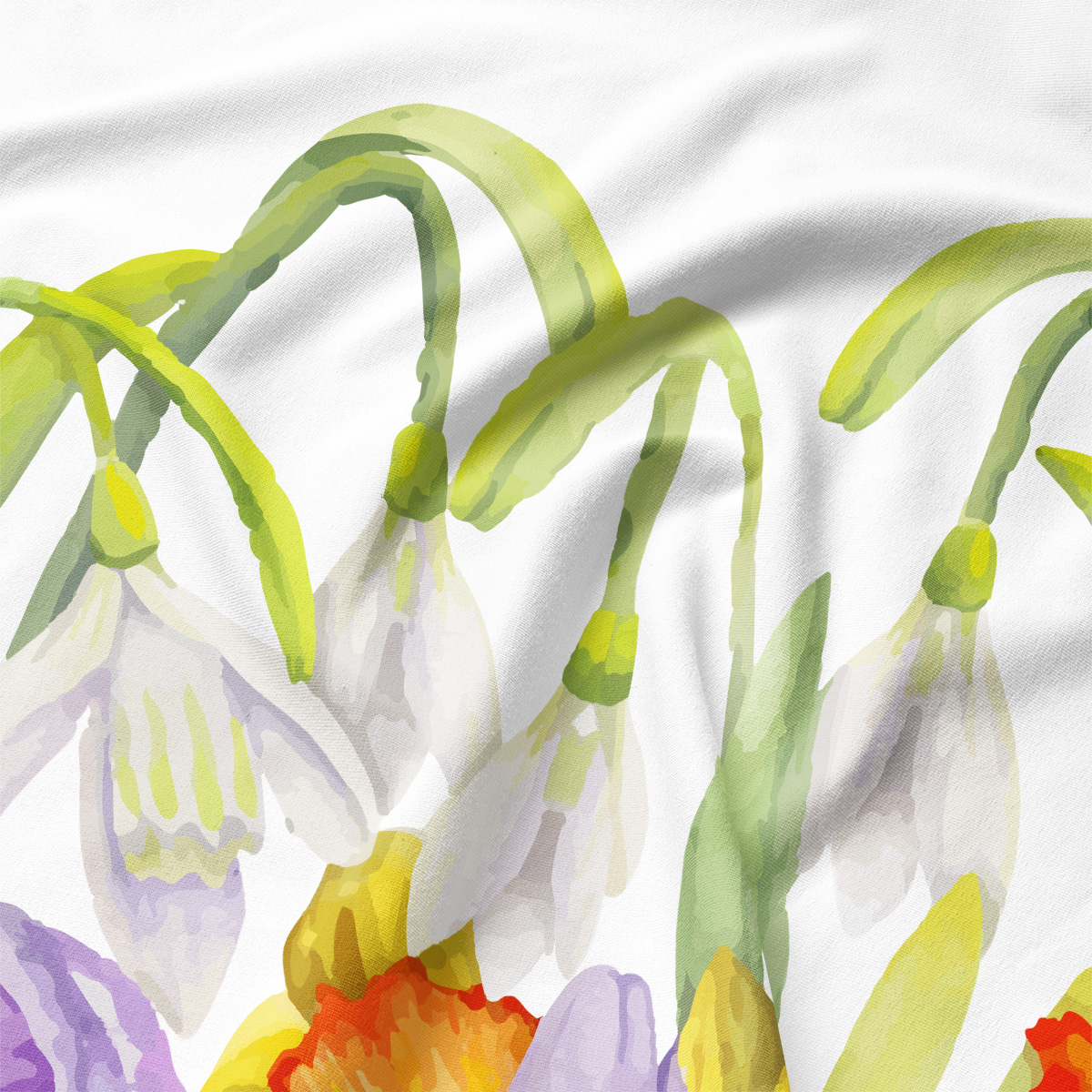 Zbliżenie na delikatne, malarskie pąki przebiśniegów i zielone łodygi