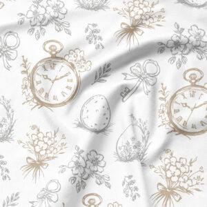 Zbliżenie na rysunkowy nadruk pokazujący kieszonkowy zegarek, jajko i bukiecik w delikatnych odcieniach