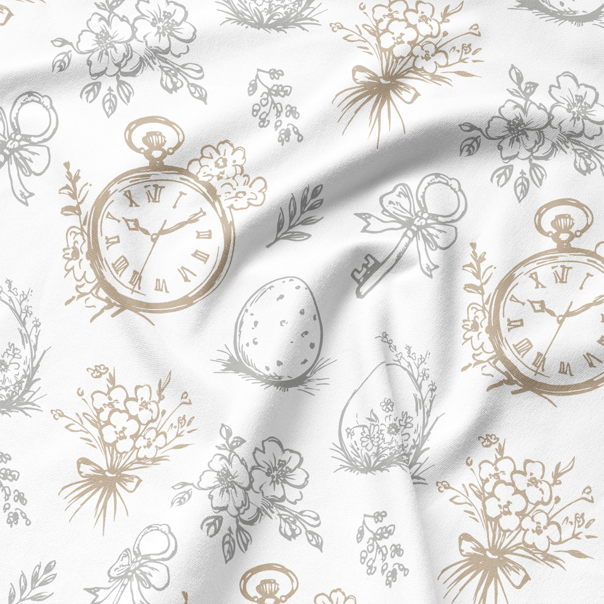 Zbliżenie na rysunkowy nadruk pokazujący kieszonkowy zegarek, jajko i bukiecik w delikatnych odcieniach