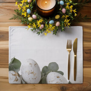 Podkładka ułożona na drewnianym stole z dekoracją świąteczną i złotymi sztućcami