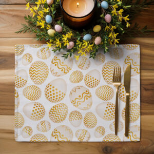 Podkładka ustawiona pod dekoracją stołu z wiosennym wieńcem i świecą