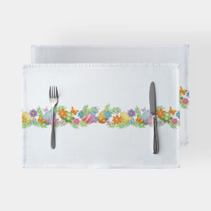 Główne ujęcie białej podkładki z poziomą girlandą pisanek, kwiatów i motyli