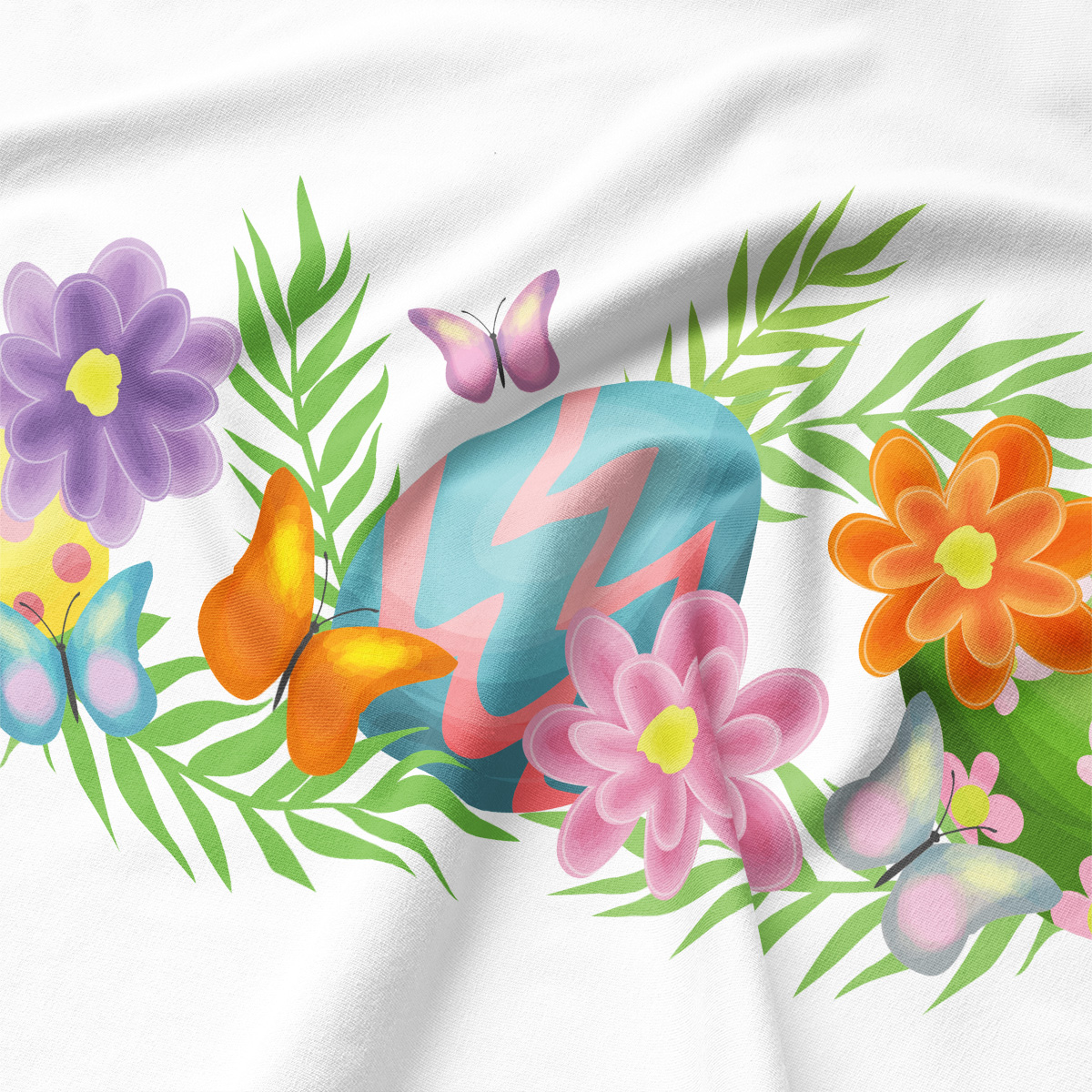 Zbliżenie na wzór z pastelową pisanką, pomarańczowym kwiatem i zielonymi liśćmi